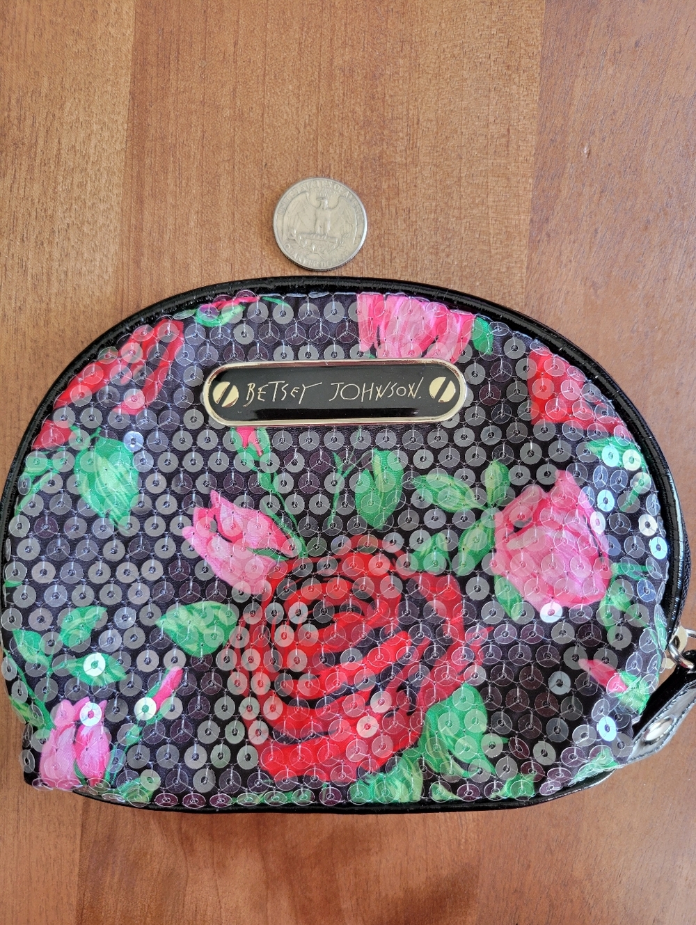 Betsey Johnson Black Sequin Floral Cosmetic Pouch with Pink & Red Roses